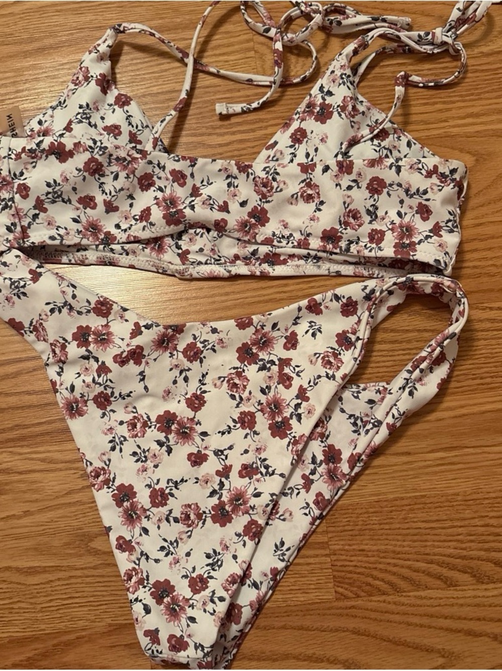 Never worn!! SHEIN White Floral Tie-String Bikini with Rose Print